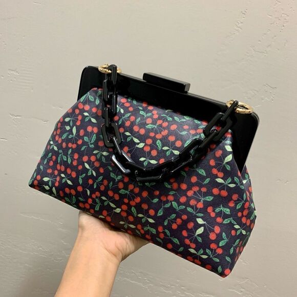 Handmade Genuine Leather Cherry-printed, Acrylic Frame Clutch/Wristlet/Crossbody - Picture 4 of 16